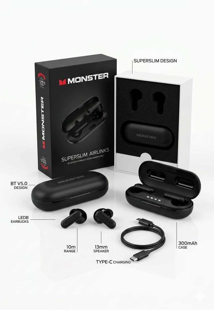 SuperSlim AirLinks wireless Bluetooth earbuds with ENC noise reduction - Zygo Store Pakistan