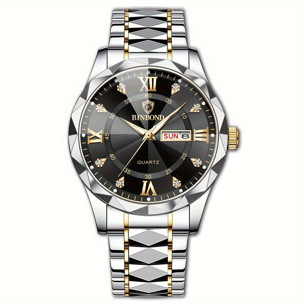 BINBOND Luxury Quartz Watch – Stainless Steel Waterproof Analog Wrist Watch with Day & Date Display