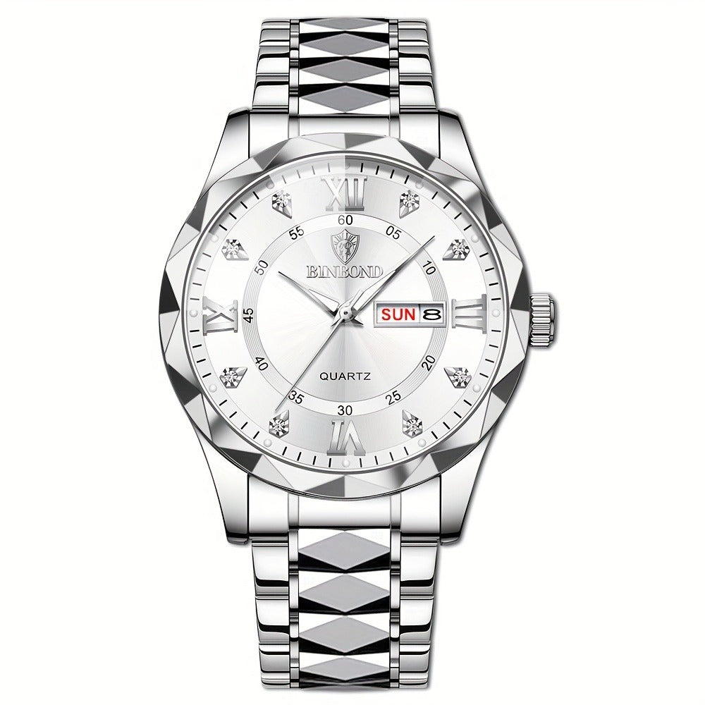 BINBOND Luxury Quartz Watch – Stainless Steel Waterproof Analog Wrist Watch with Day & Date Display