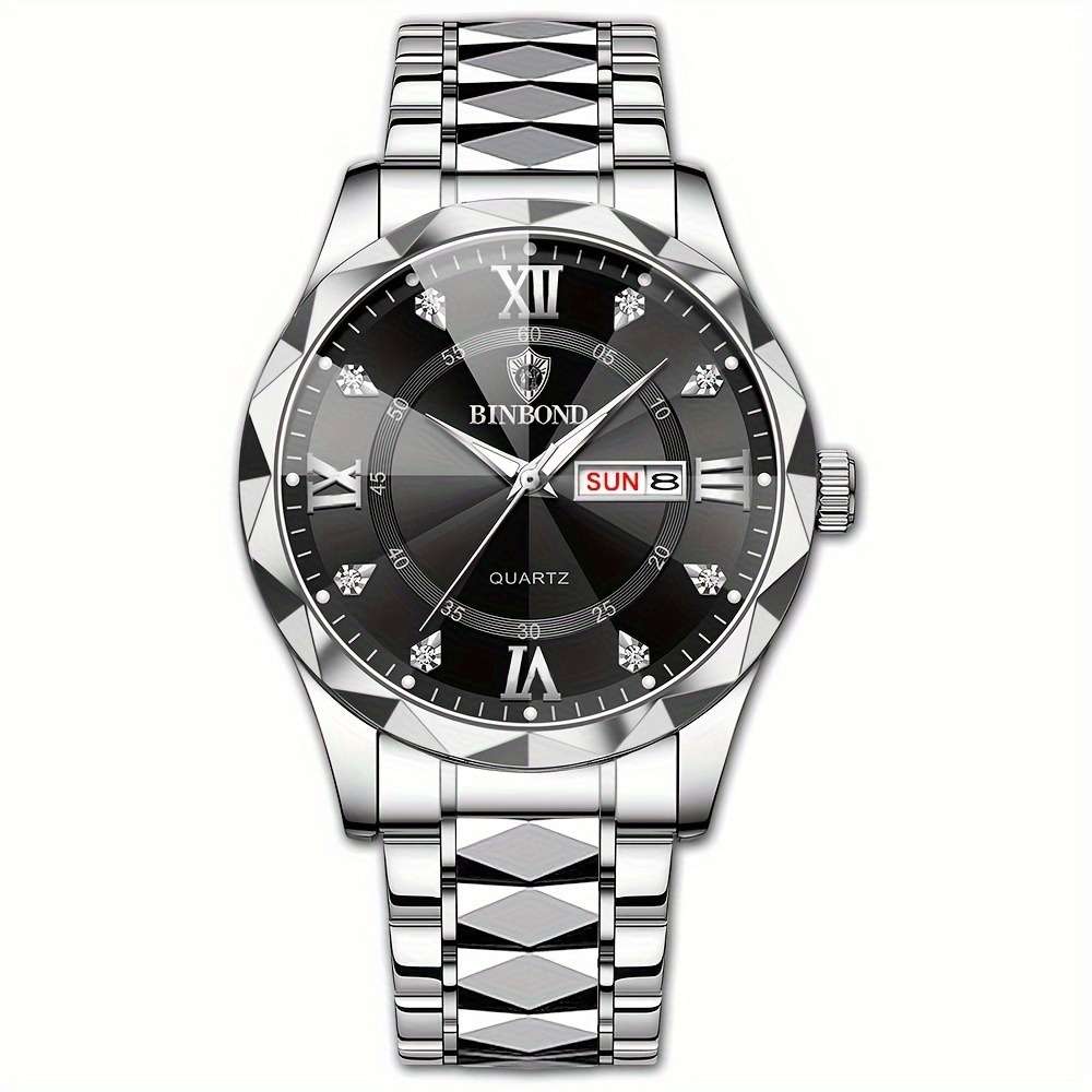 BINBOND Luxury Quartz Watch – Stainless Steel Waterproof Analog Wrist Watch with Day & Date Display
