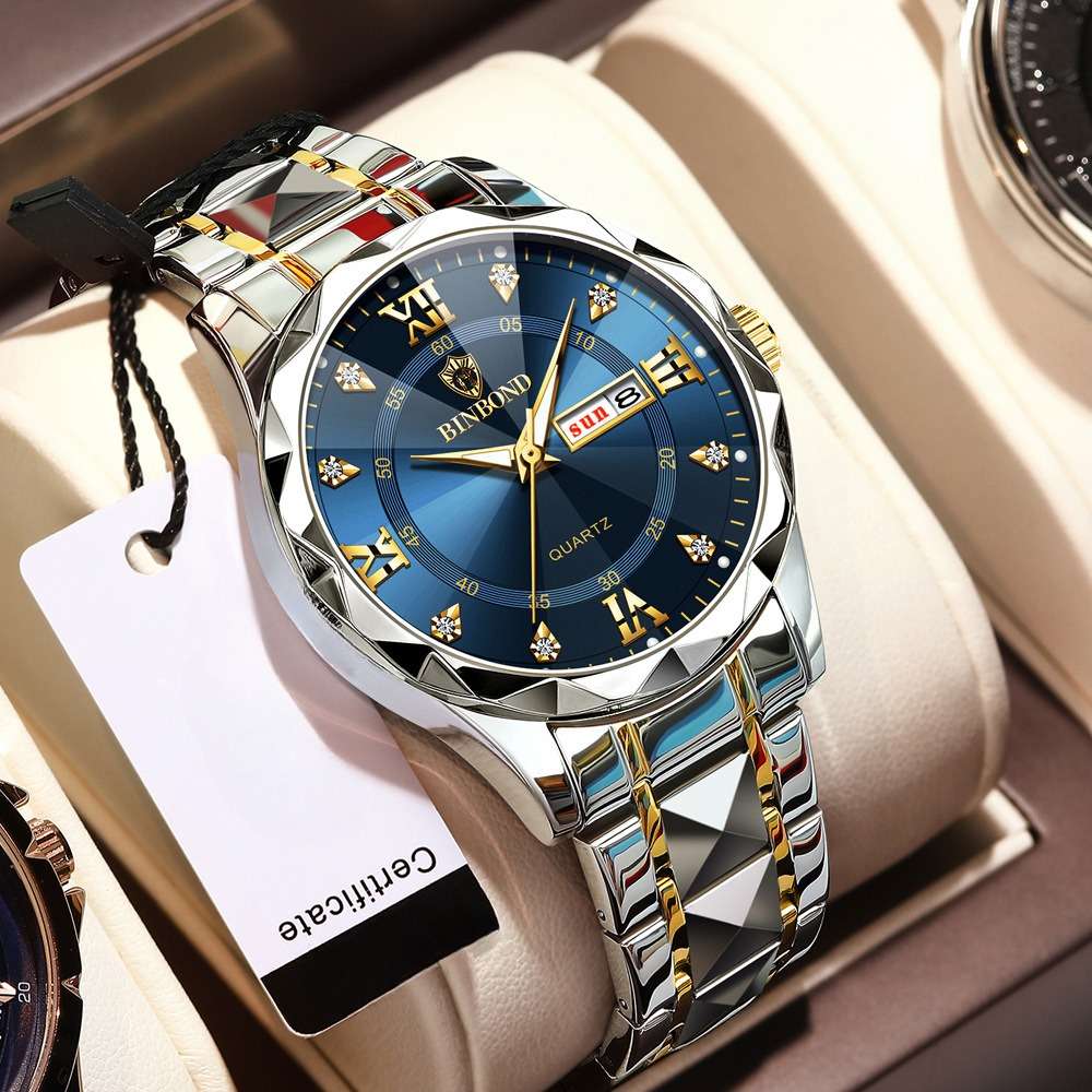 BINBOND Luxury Quartz Watch – Stainless Steel Waterproof Analog Wrist Watch with Day & Date Display