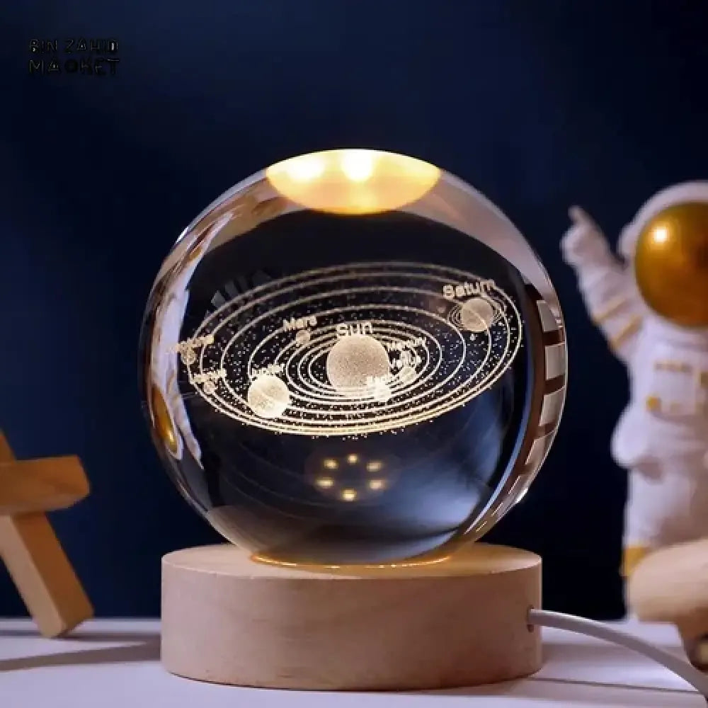 3D Crystal Ball LED Night Lamp – USB Wooden Base Decorative Moon & Galaxy Light