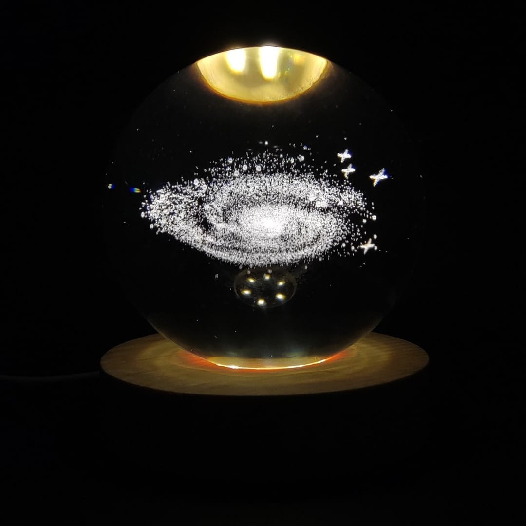 3D Crystal Ball LED Night Lamp – USB Wooden Base Decorative Moon & Galaxy Light