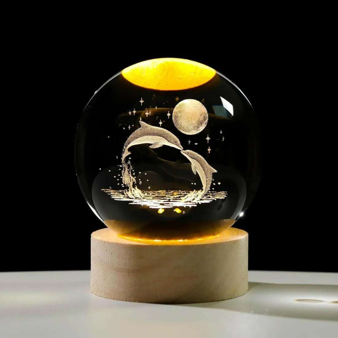 3D Crystal Ball LED Night Lamp – USB Wooden Base Decorative Moon & Galaxy Light