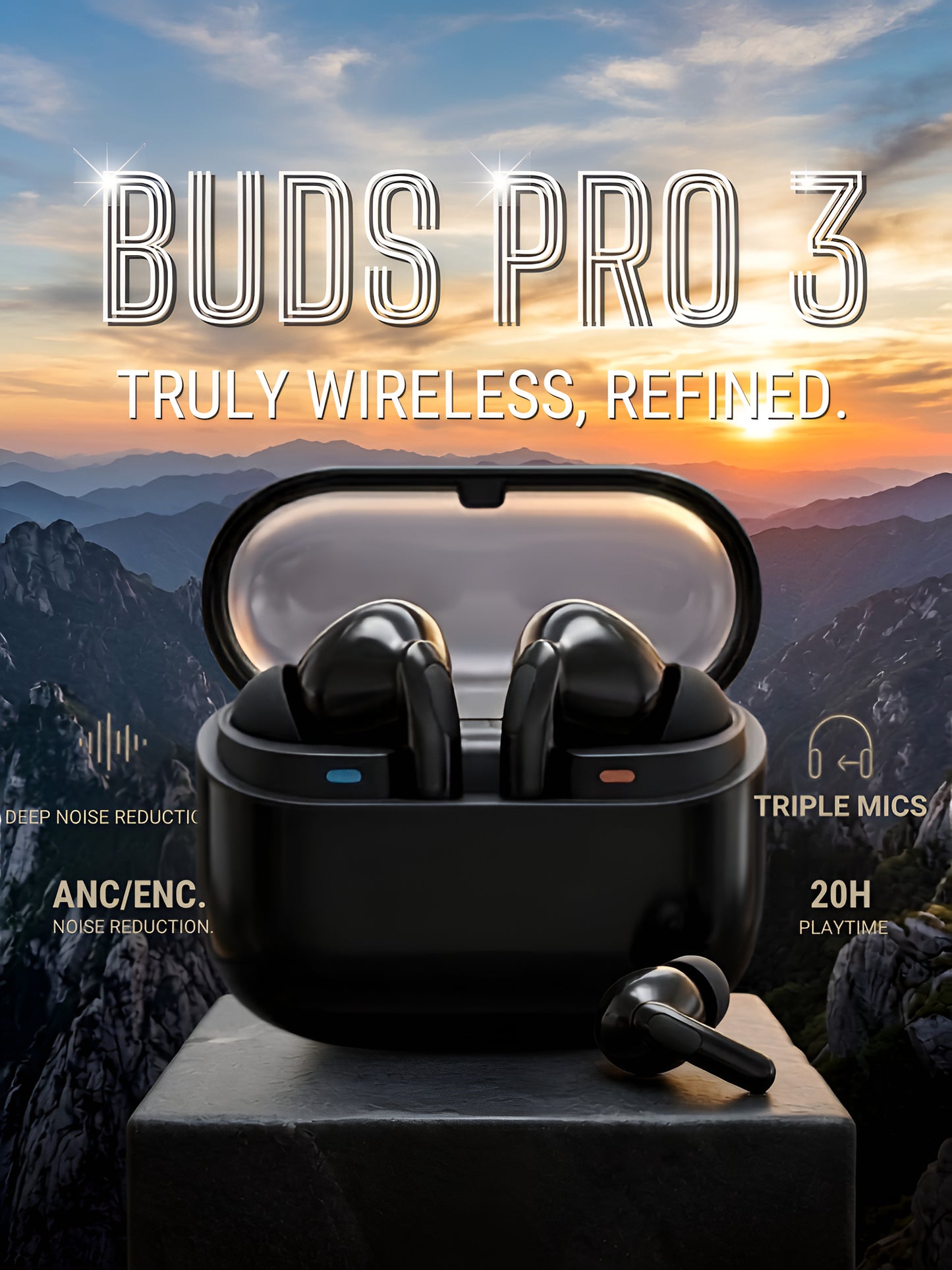 Buds Pro 3 Wireless Bluetooth Earbuds with ENC Noise Cancellation & Charging Case