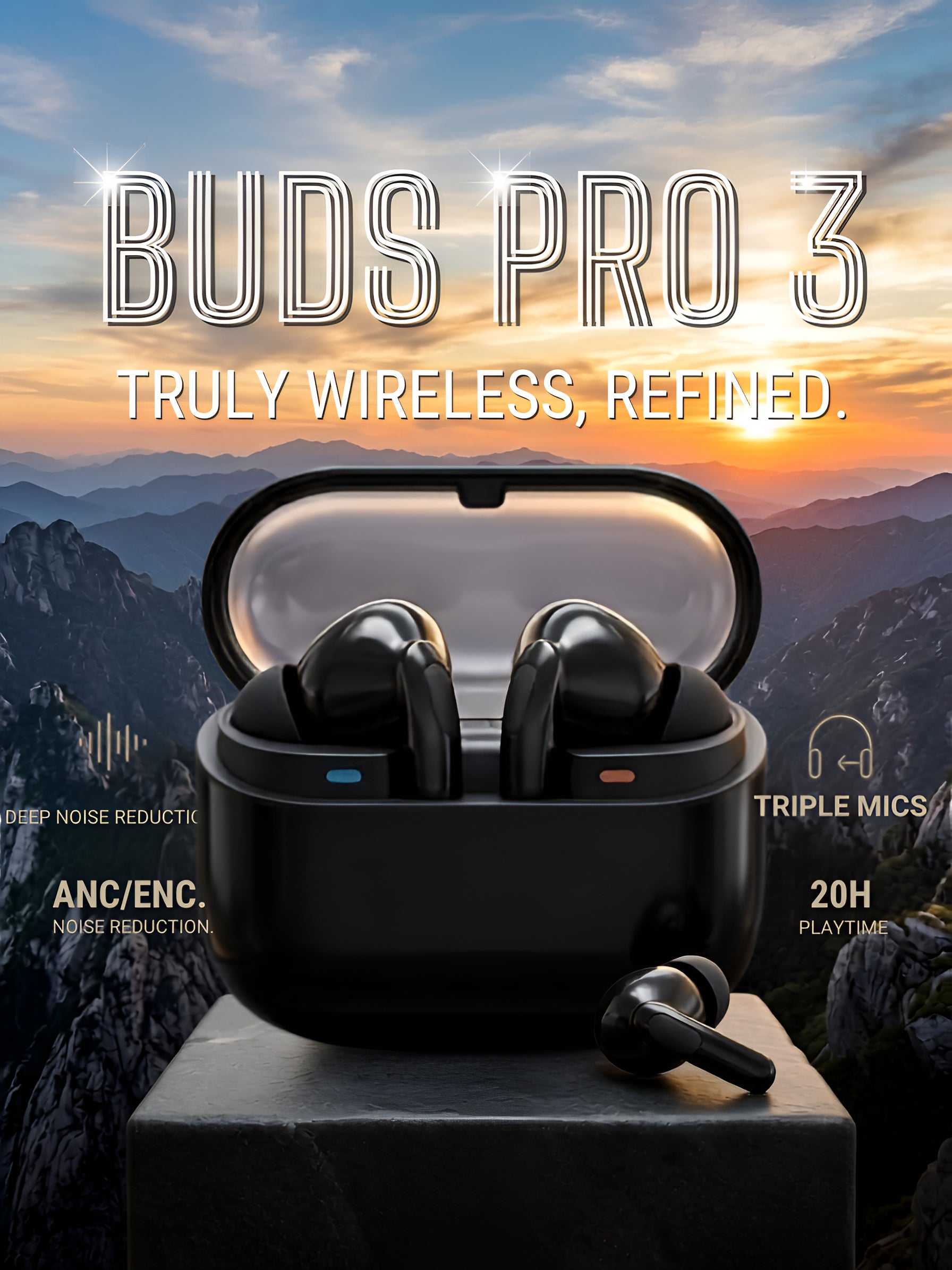 Buds Pro 3 Wireless Bluetooth Earbuds with ENC Noise Cancellation & Charging Case