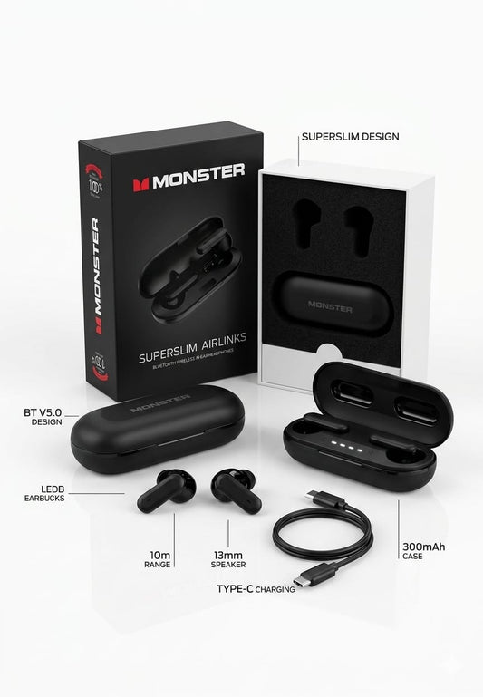 Monster SuperSlim AirLinks Wireless Bluetooth Earbuds – ENC Noise Reduction TWS Earphones