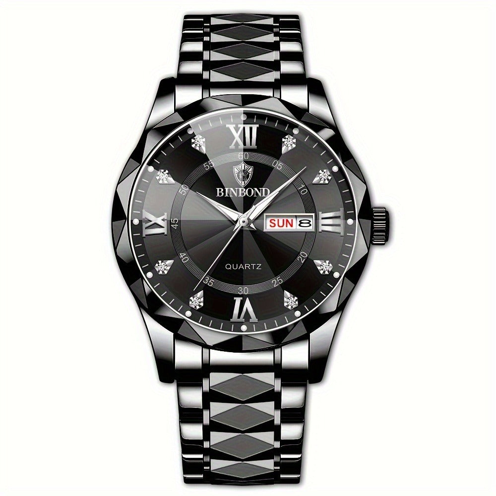 BINBOND Luxury Quartz Watch – Stainless Steel Waterproof Analog Wrist Watch with Day & Date Display