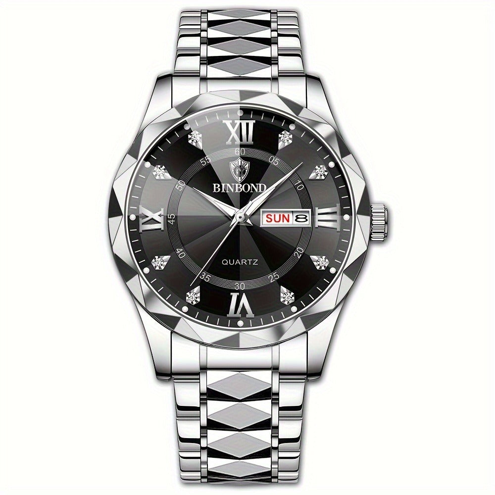 BINBOND Luxury Quartz Watch – Stainless Steel Waterproof Analog Wrist Watch with Day & Date Display
