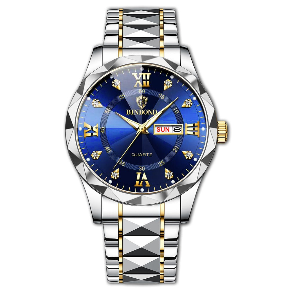 BINBOND Luxury Quartz Watch – Stainless Steel Waterproof Analog Wrist Watch with Day & Date Display
