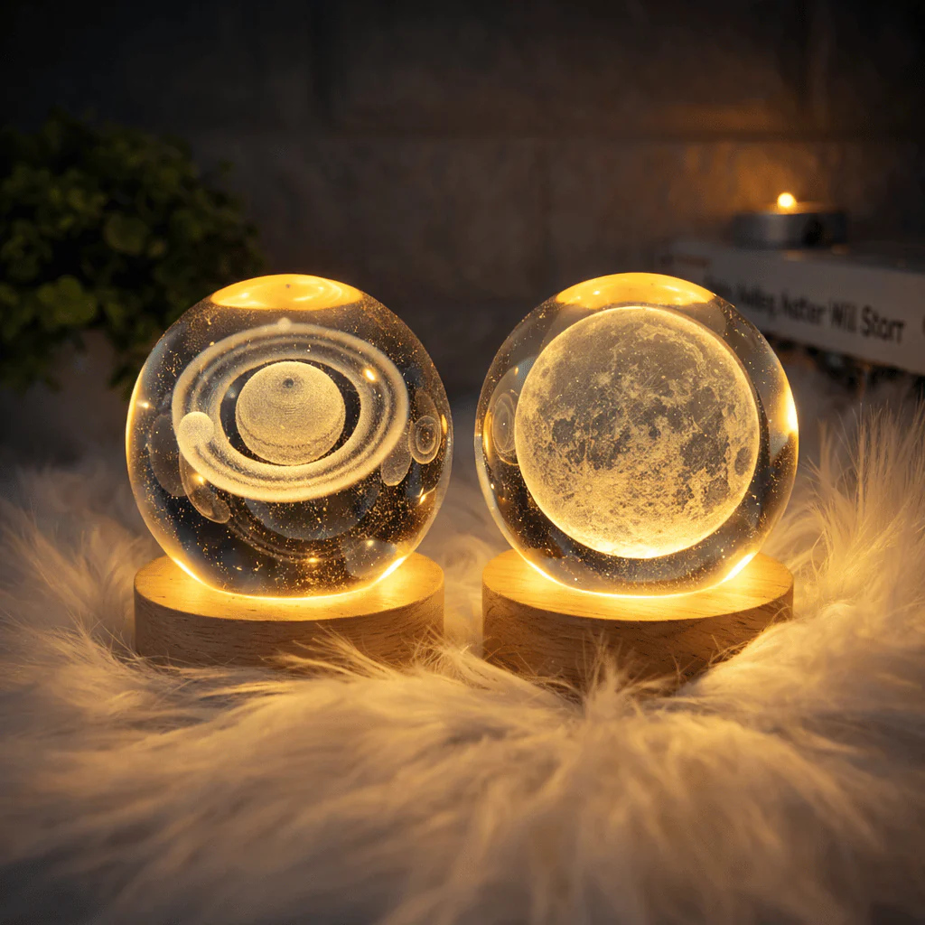 3D Crystal Ball LED Night Lamp – USB Wooden Base Decorative Moon & Galaxy Light